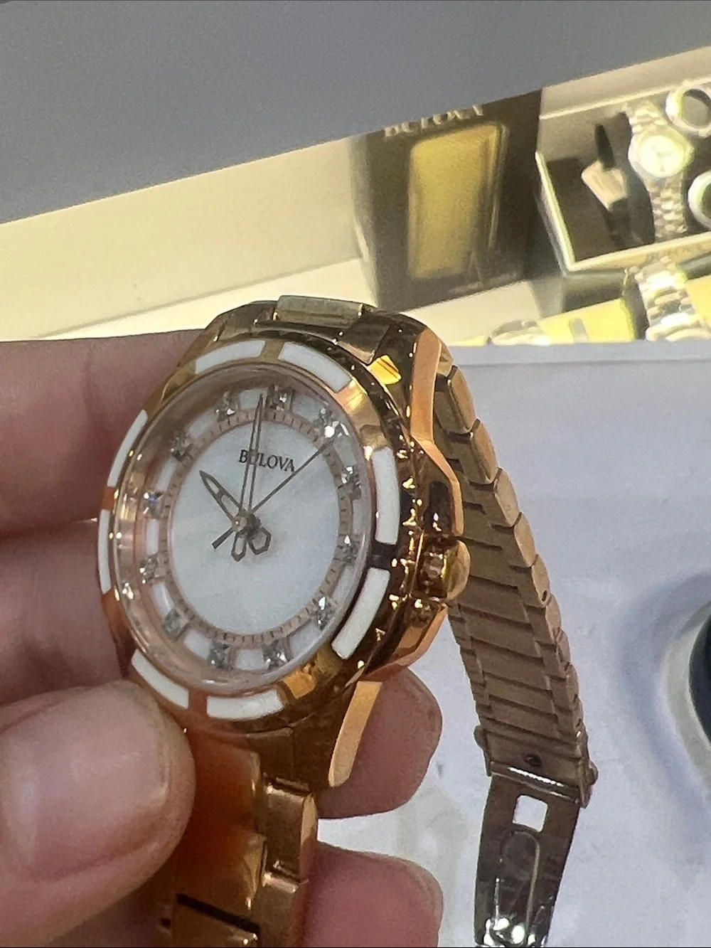 Bulova Rose Gold-Tone Mother of Pearl and Diamonds Watch